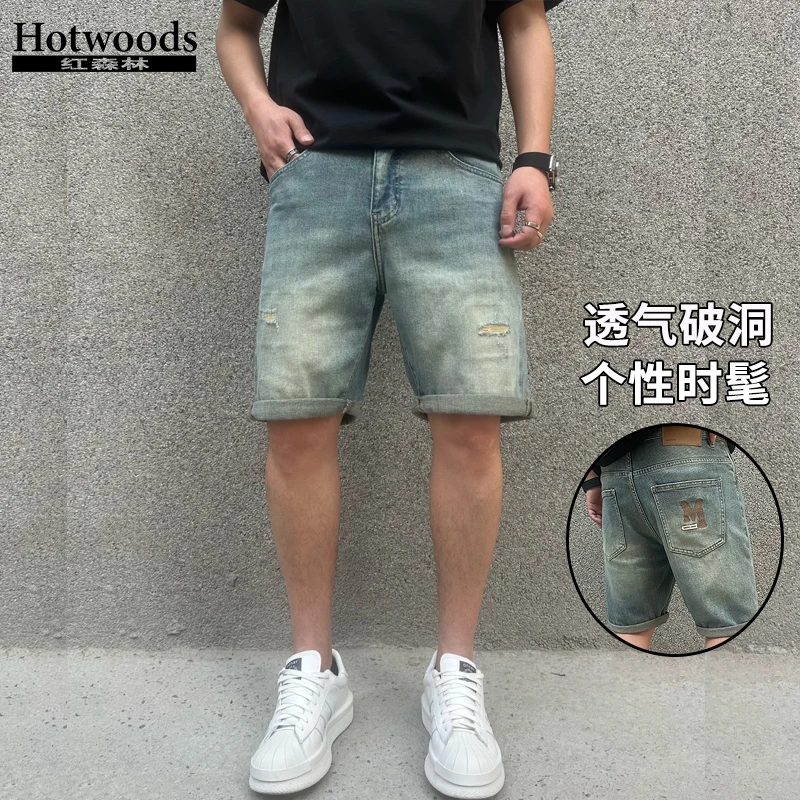 红森林破洞薄款五分短裤牛仔透气吸汗复古潮流25夏季095602