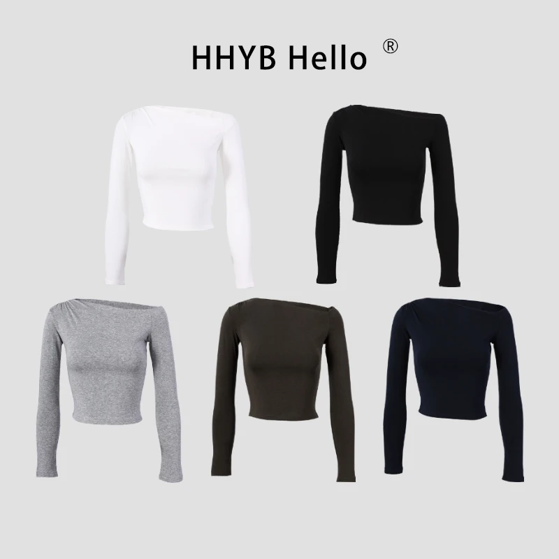 HHYB Hello2025新款不规则斜肩修身长袖针织衫收腰T恤上衣250576