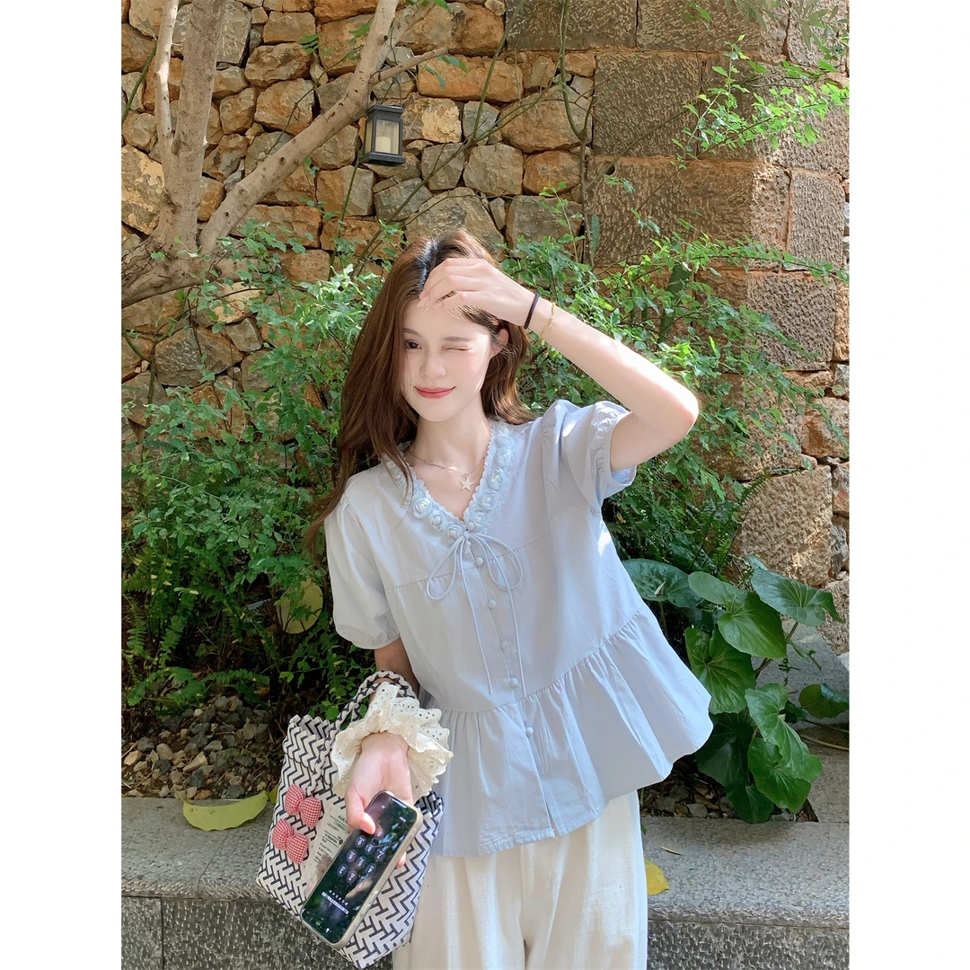 衬衣夏装系带立体花朵短袖衬衫夏季女新款设计感小众别致显瘦上衣