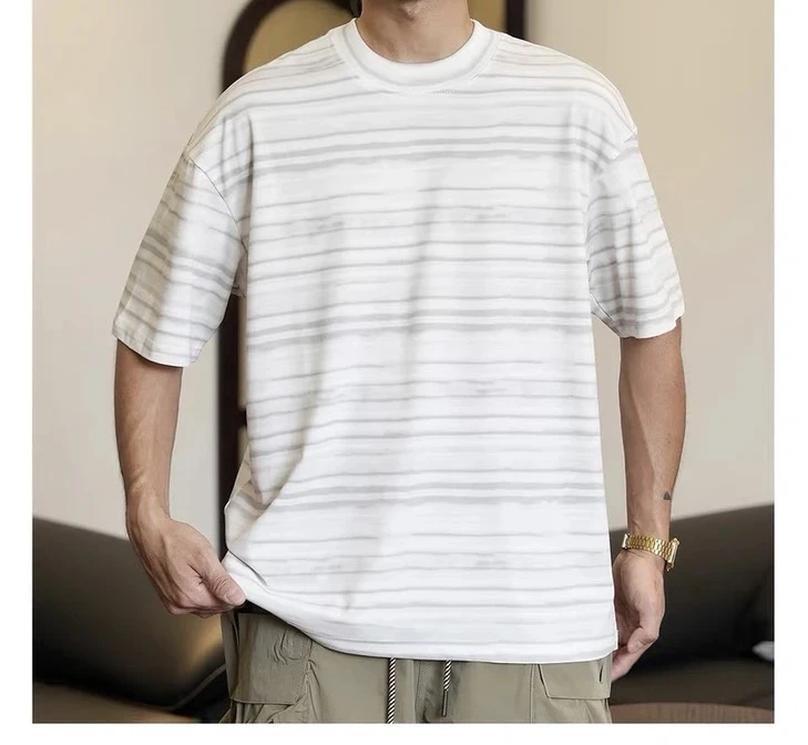 短袖夏季条纹微弹透气条纹T恤
