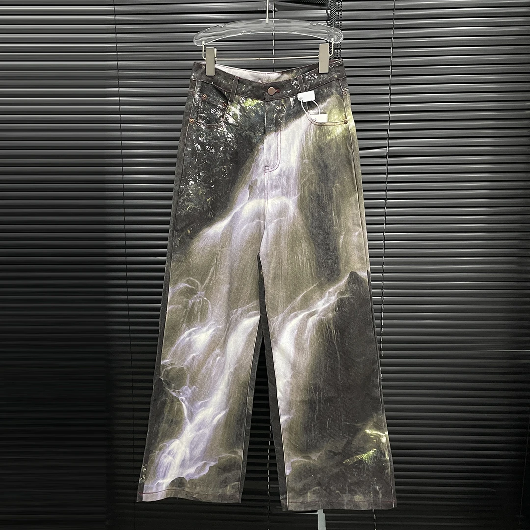 付新博女装瀑布印花直筒牛仔裤女小众设计宽松休闲阔腿长裤13927