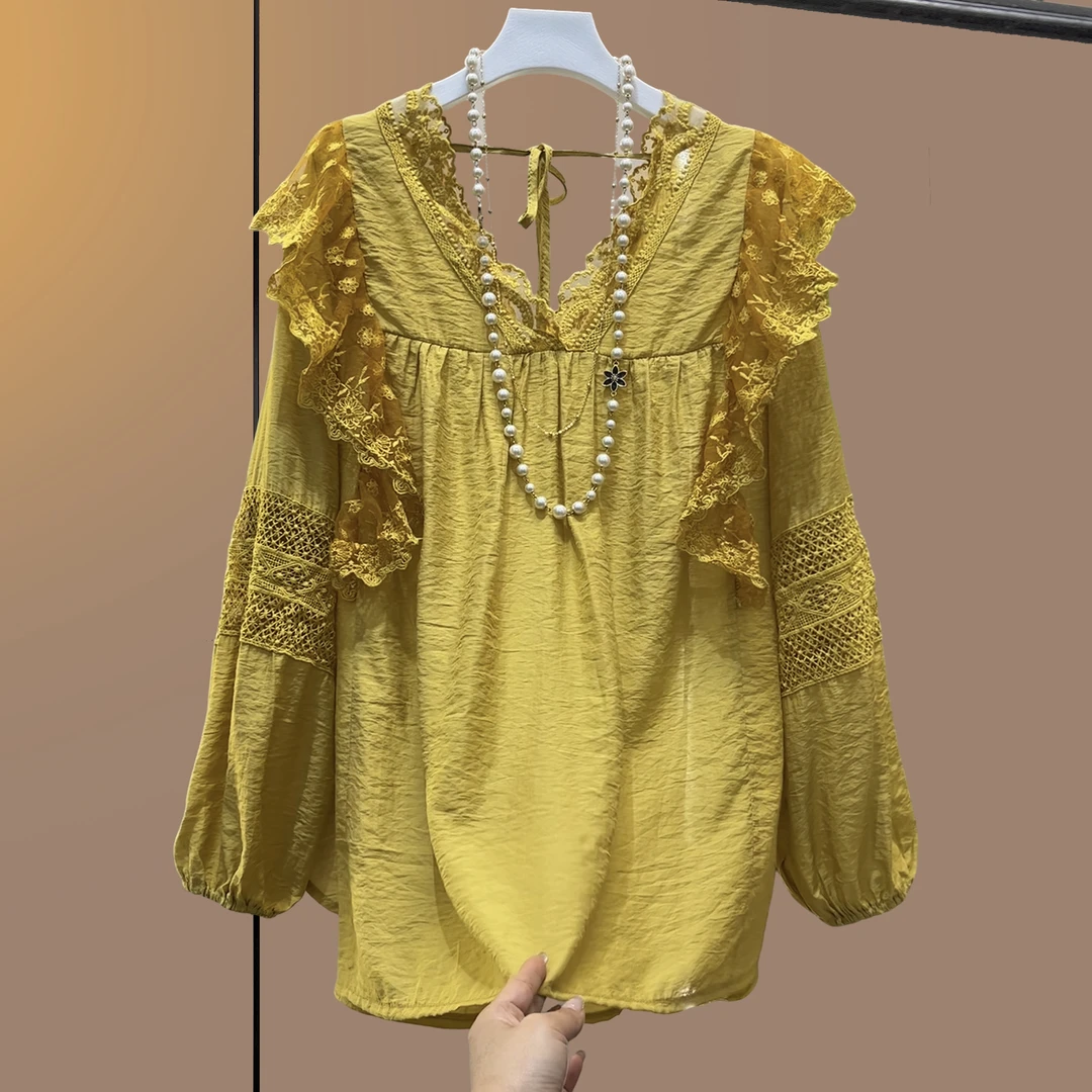 大码女装胖妹妹洋气宽松衬衣蕾丝气质小衫