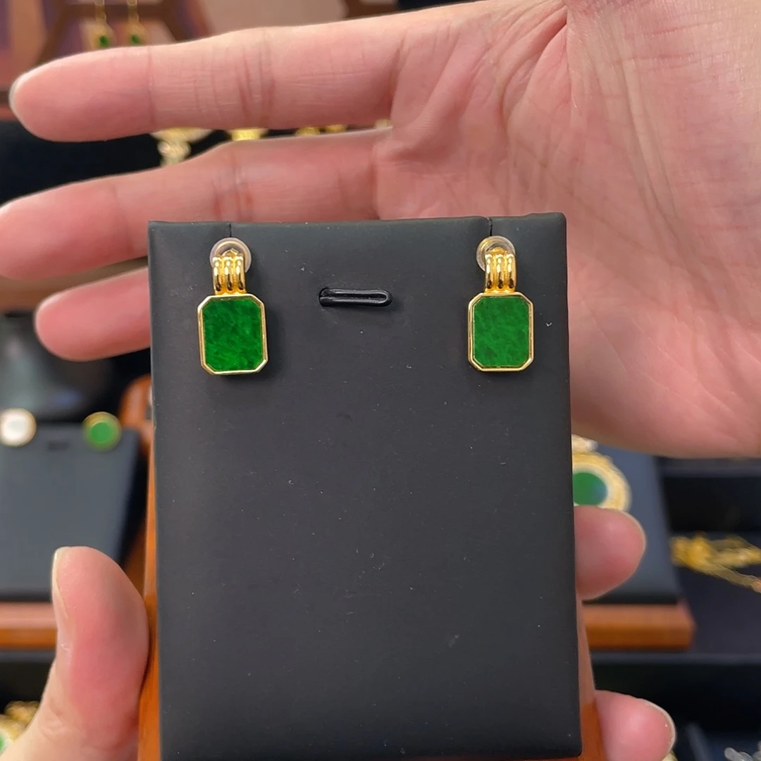 翡翠银S925镀金镶嵌耳饰