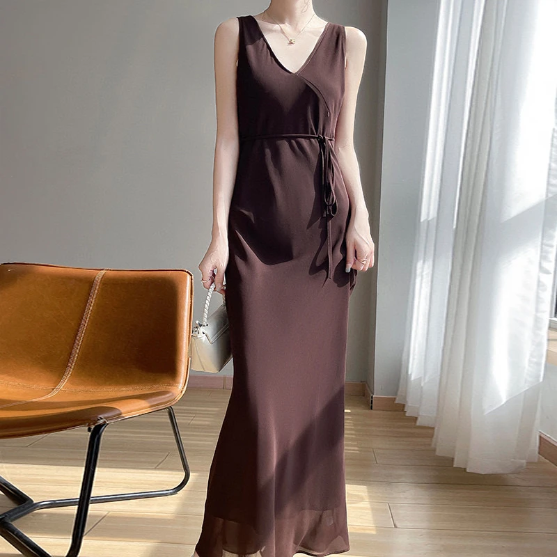 夏季气质修身显瘦吊带连衣裙无袖长款背心裙纯色打底