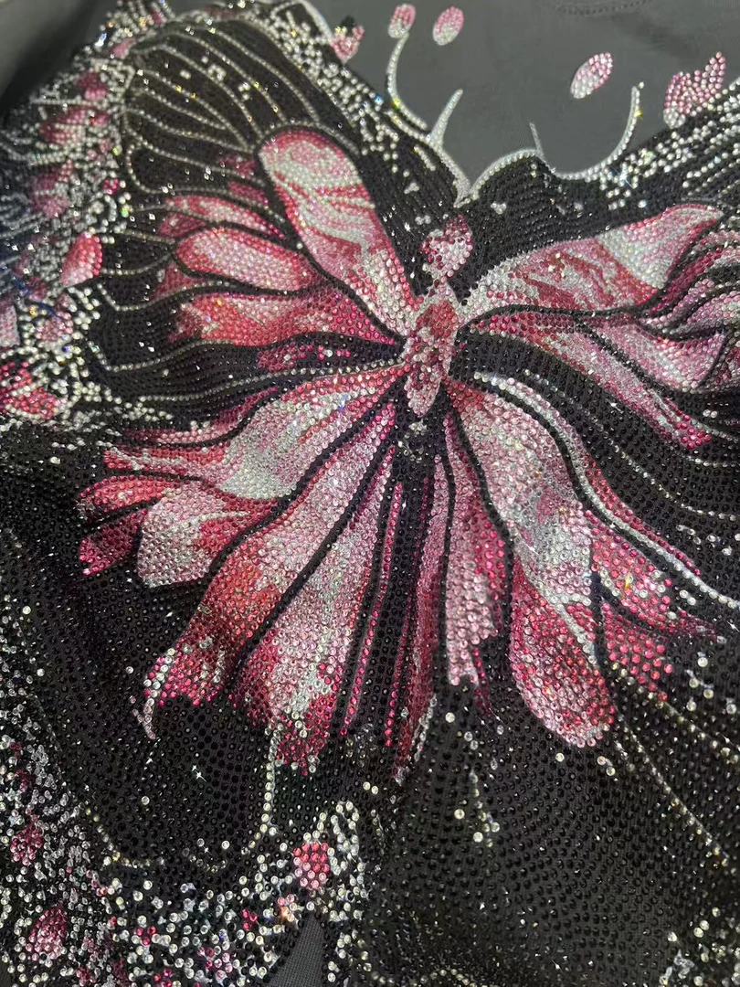 【W1073灰色蝴蝶钻】短袖t恤女打底半袖休闲夏季2024款重工爆款