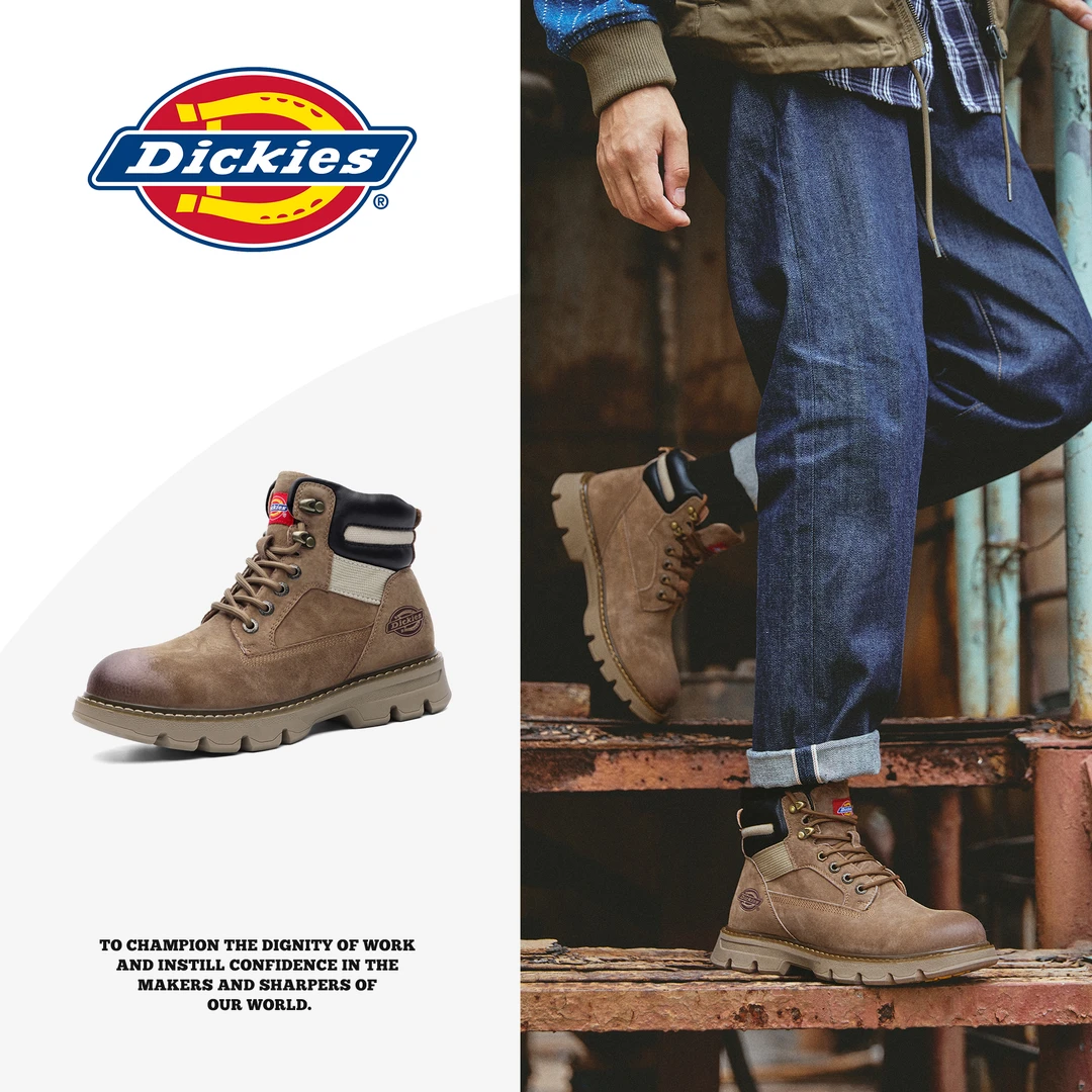 Dickies秋秋季男靴子真皮高帮英伦风工装靴加绒保暖休闲马丁靴潮