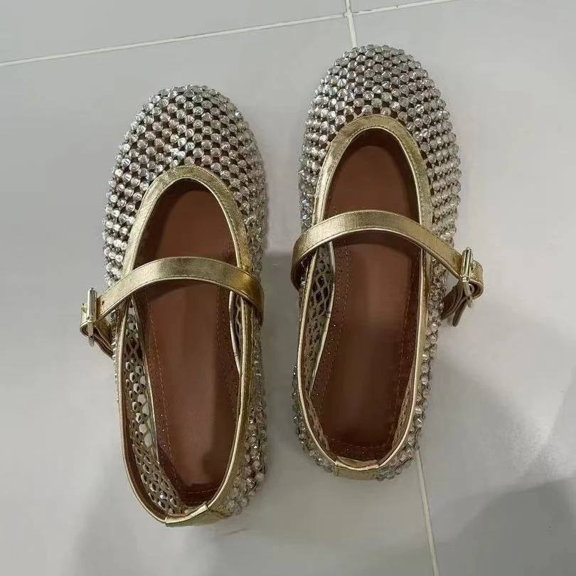 平底透气凉鞋女韩版一字带金色渔网鞋