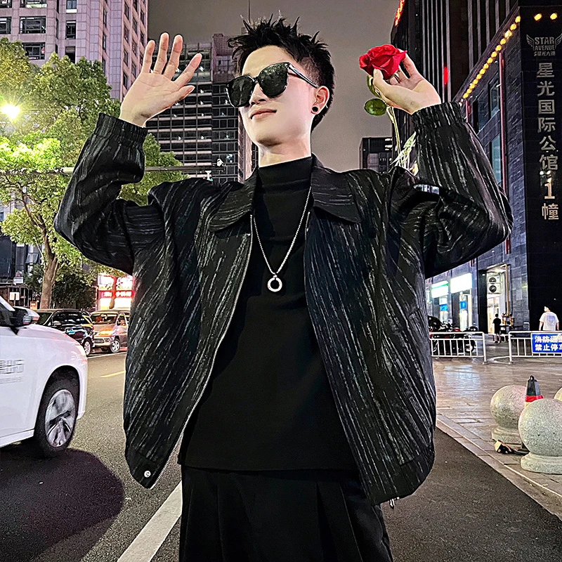 潮流痞帅竖条纹男士夹克外套男2025新款春秋季潮牌翻领休闲上衣服