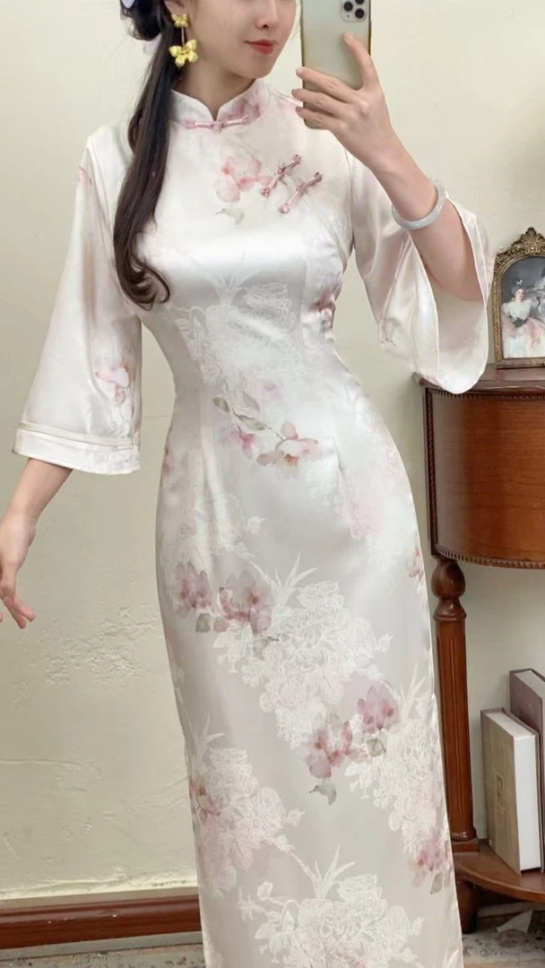 「南湘婉」新中式国风温柔风修身日常倒大袖改良旗袍裙 花楹