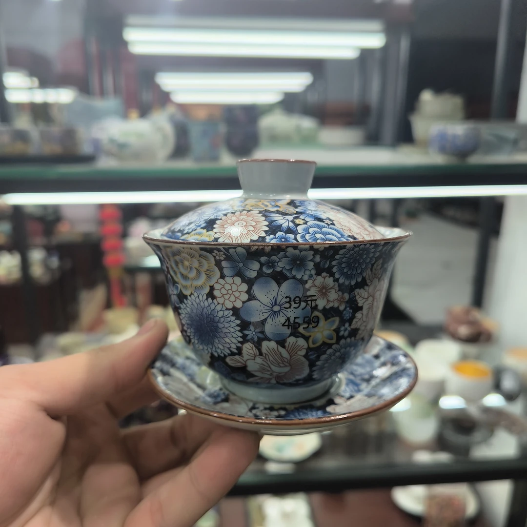 德化云仓 青花繁花掐丝牡丹三才盖碗-4559