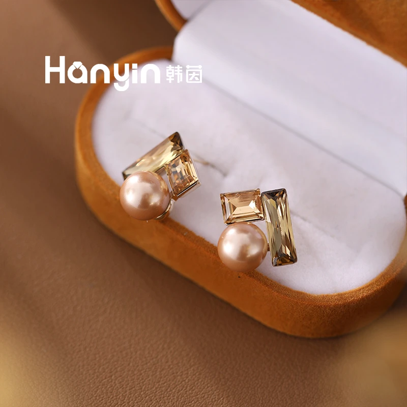 铜合金合成锆石耳饰 925银针轻奢大颗粒方形微镶圆珠耳钉