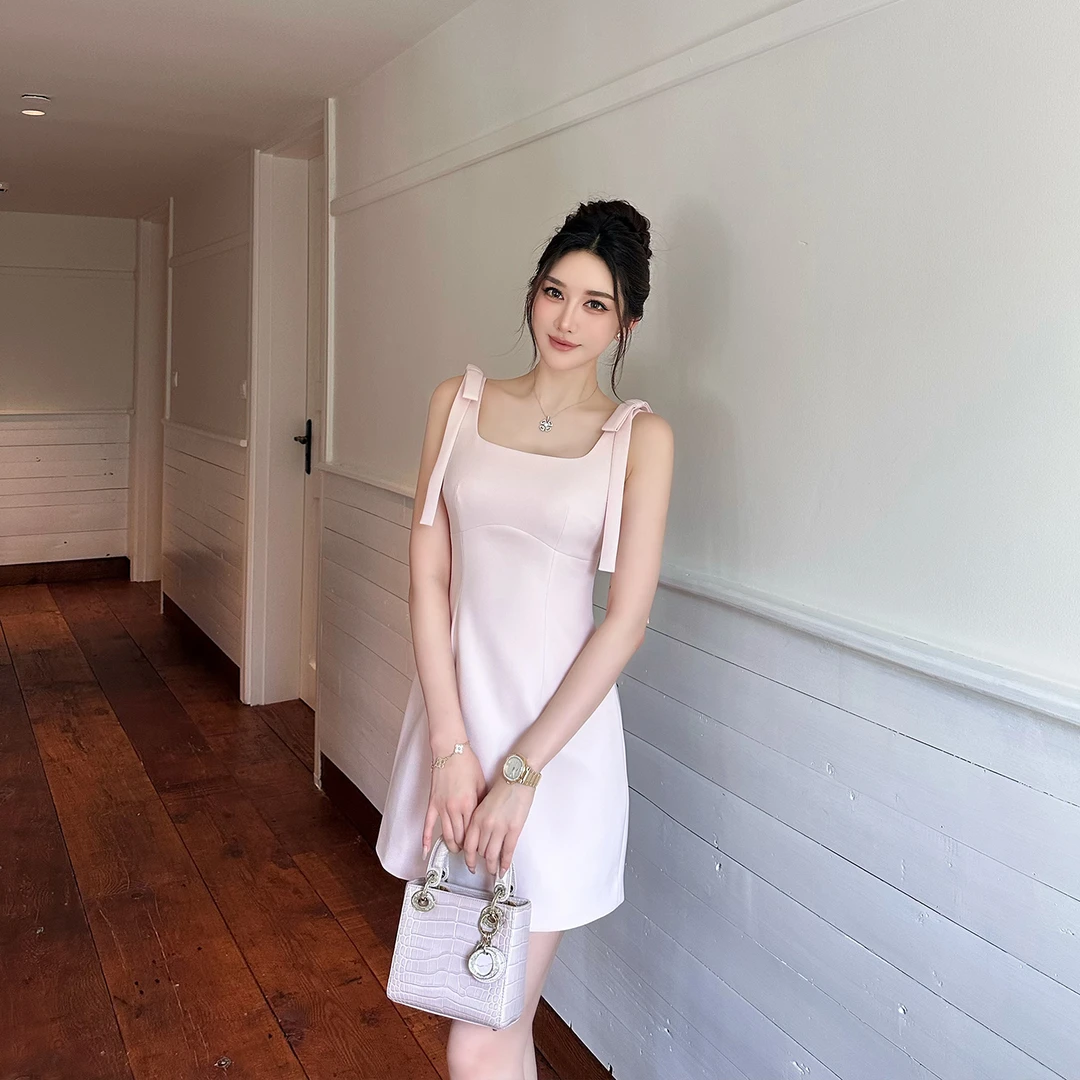 SX善喜粉色蝴蝶结A字连衣裙收腰显瘦气质甜美减龄短裙生日礼服裙