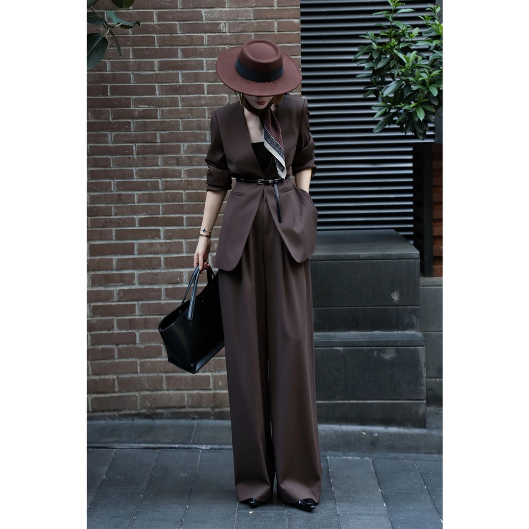 欧洲站女装法式V领高级感气质西装阔腿裤套装配腰带丝巾两件套潮