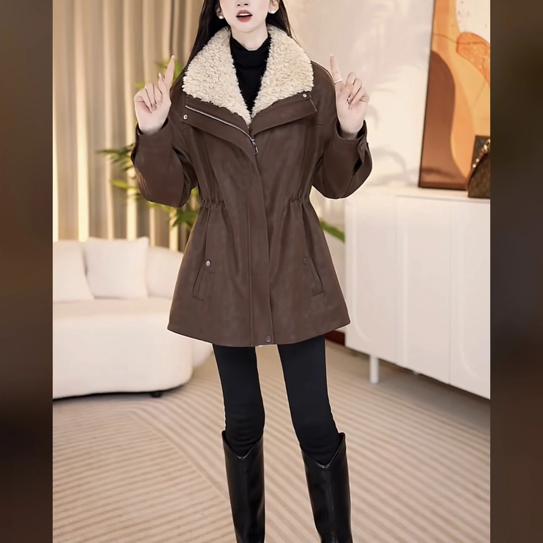 【外套】2025中长款上衣拼接翻领毛领加绒加厚款女款外套25C832冬季