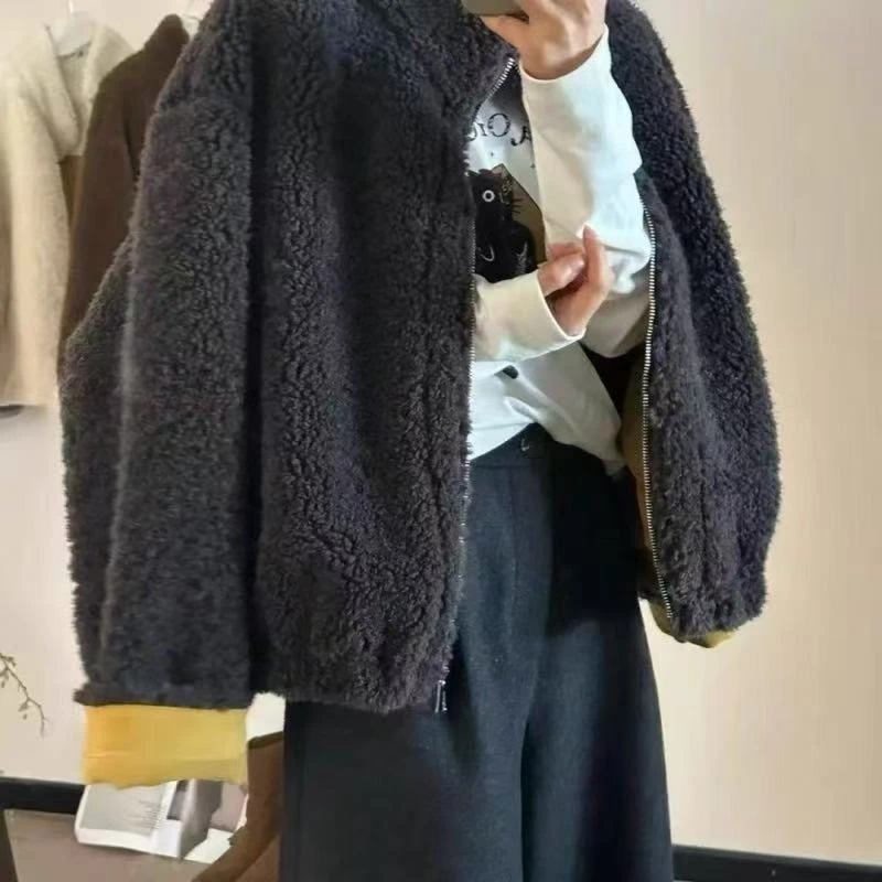 韩系立领仿羊羔毛皮毛一体短款外套女2025秋冬新宽松显瘦减龄上衣