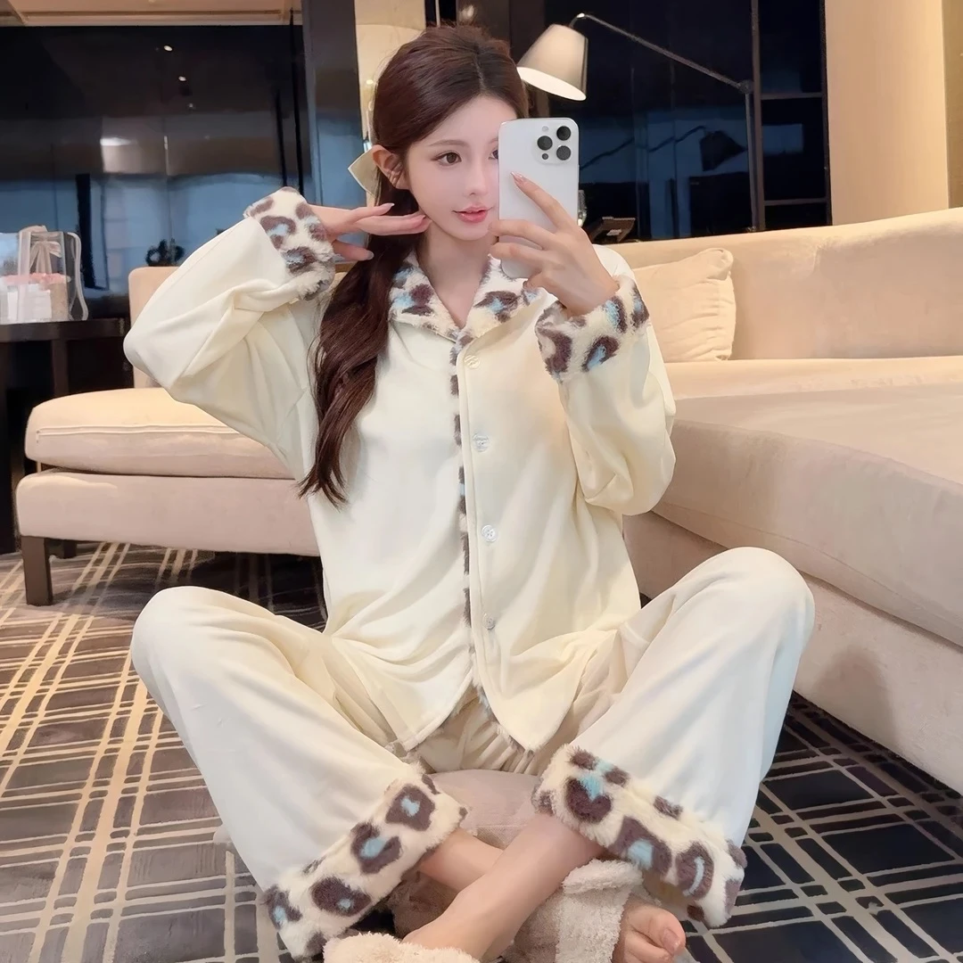 【毛绒豹纹】秋冬季豹纹海岛绒加绒睡衣女套装韩版休闲甜美风家居服