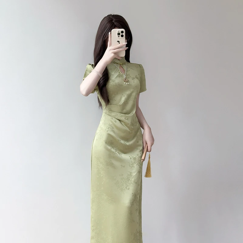 汀玥苓旗袍2025新款春夏新中式披肩改良国风年轻款少女高级感绿色
