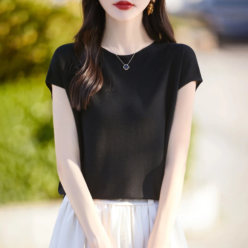时尚女装品牌新款短袖圆领薄款针织T恤女纯色短袖宽松无袖上衣