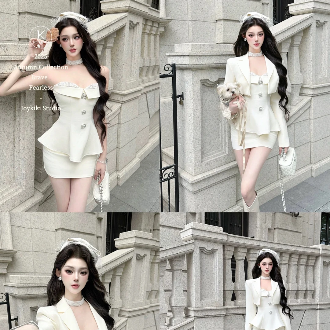 秋季气质百搭方钻设计修身上衣与短裙套装