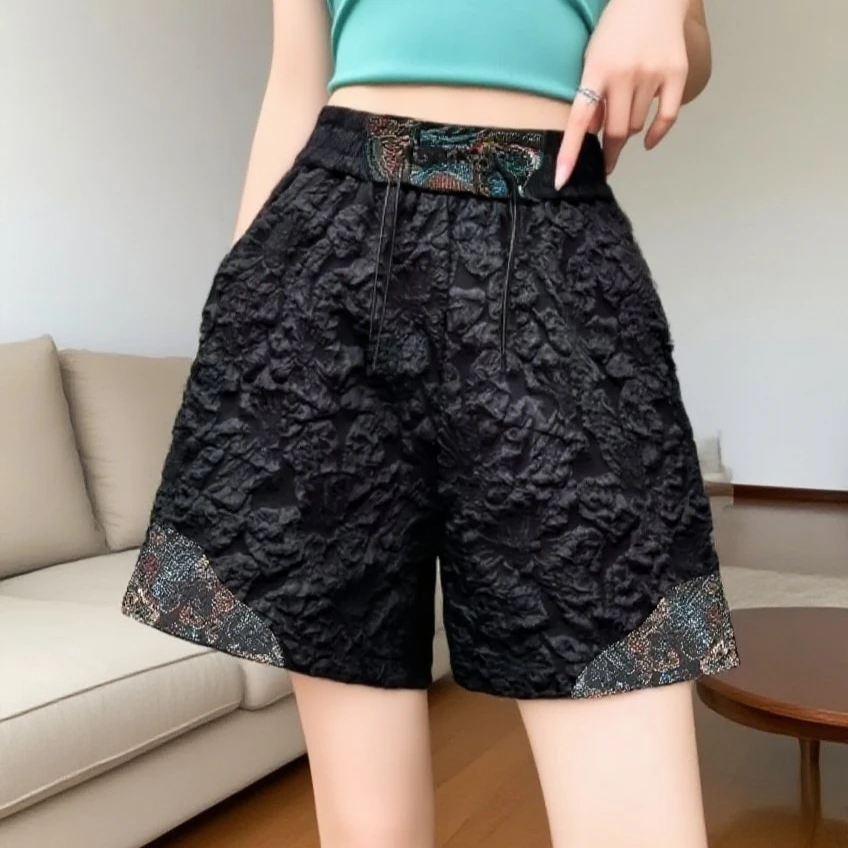 新中式提花短裤女刺绣拼接国风阔腿裤松紧腰休闲裤