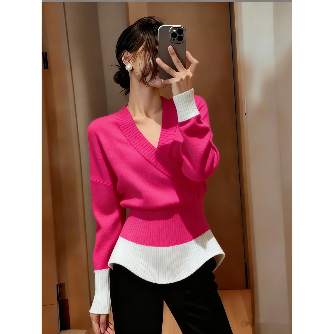 设计感轻熟风撞色V领长袖针织衫女冬季新款气质收腰显瘦套头上衣