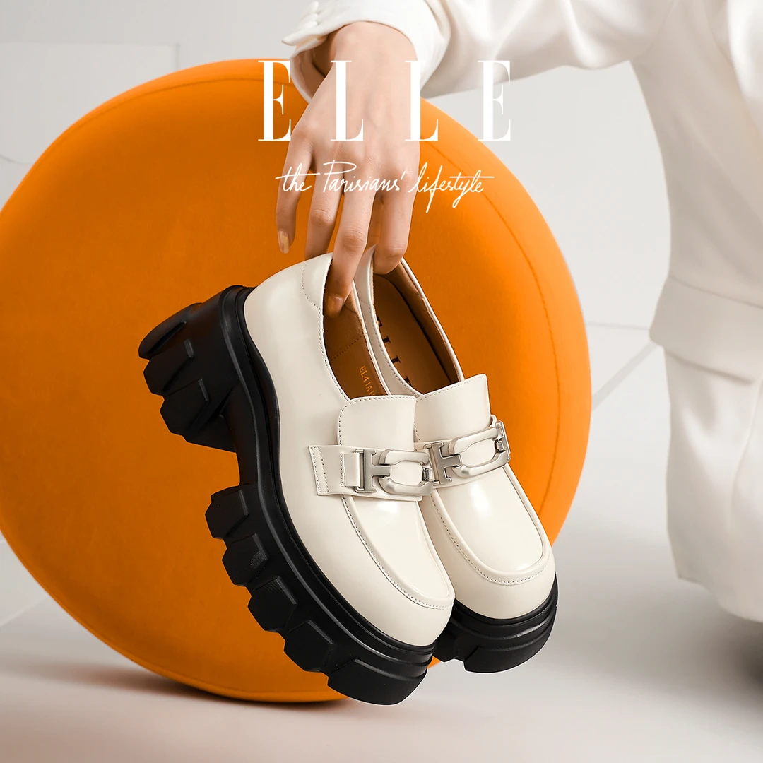 ELLE小个子7.5CM增高乐福鞋女2025新款厚底粗跟单鞋辣妹风小皮鞋