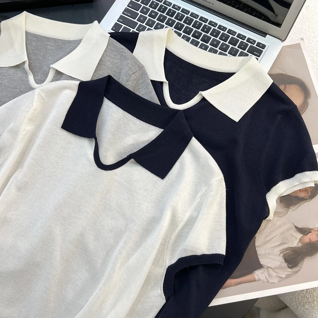 【初奢自制】拼色翻领针织短袖2025夏季新款时尚百搭上衣
