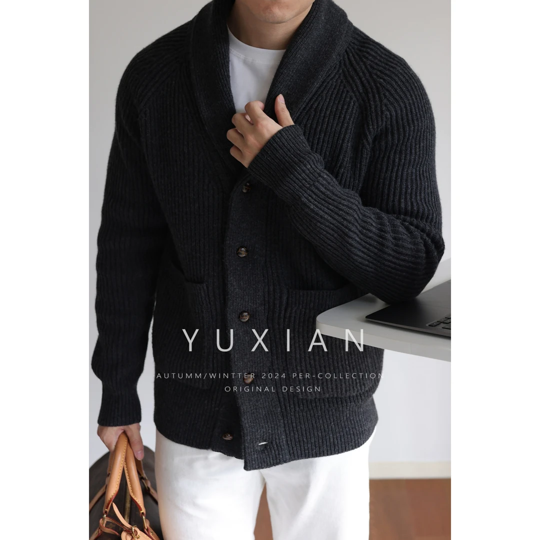 【巴素兰羊毛】重磅坑条青果领复古美式商务休闲男士外套开衫外套