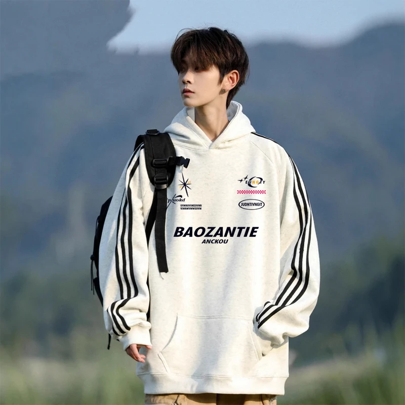 BAOZAN/爆赞美式重磅连帽卫衣字母印花条纹加绒加厚运动休闲帽衫