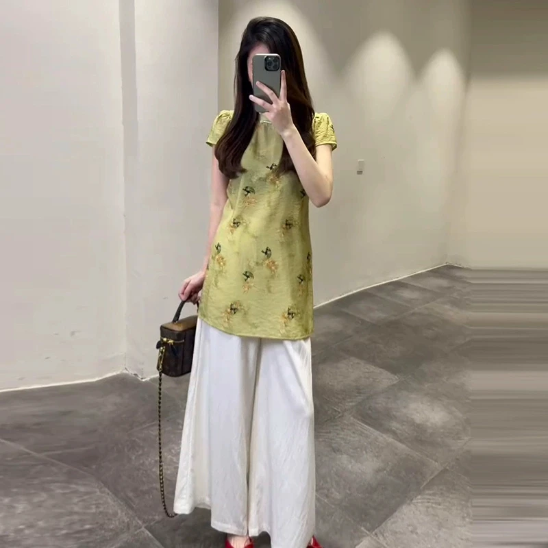 新中式国风套装女夏季新款时尚洋气改良版旗袍阔腿裤两件套潮炸街