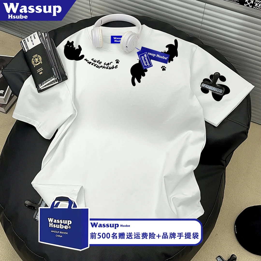WASSUP HSUBE纯棉短袖T恤男ins夏季新款宽松设计感小众美式半袖女