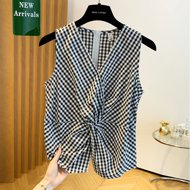 黑白格扭结无袖衬衫马甲收腰复古夏季外穿显瘦修身背心上衣小衫女