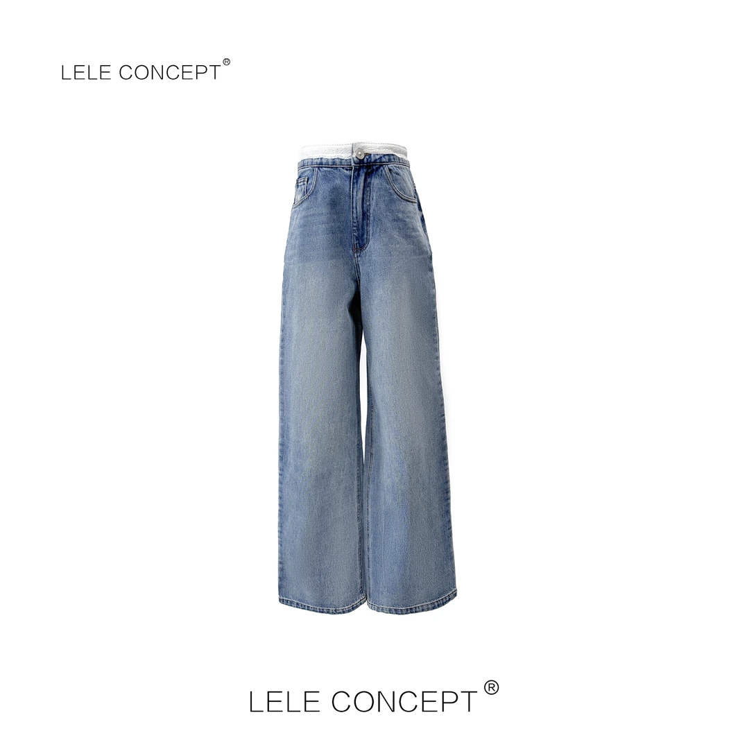 LELE CONCEPT丨都市轻奢时装款蕾丝腰牛仔阔腿裤K0327