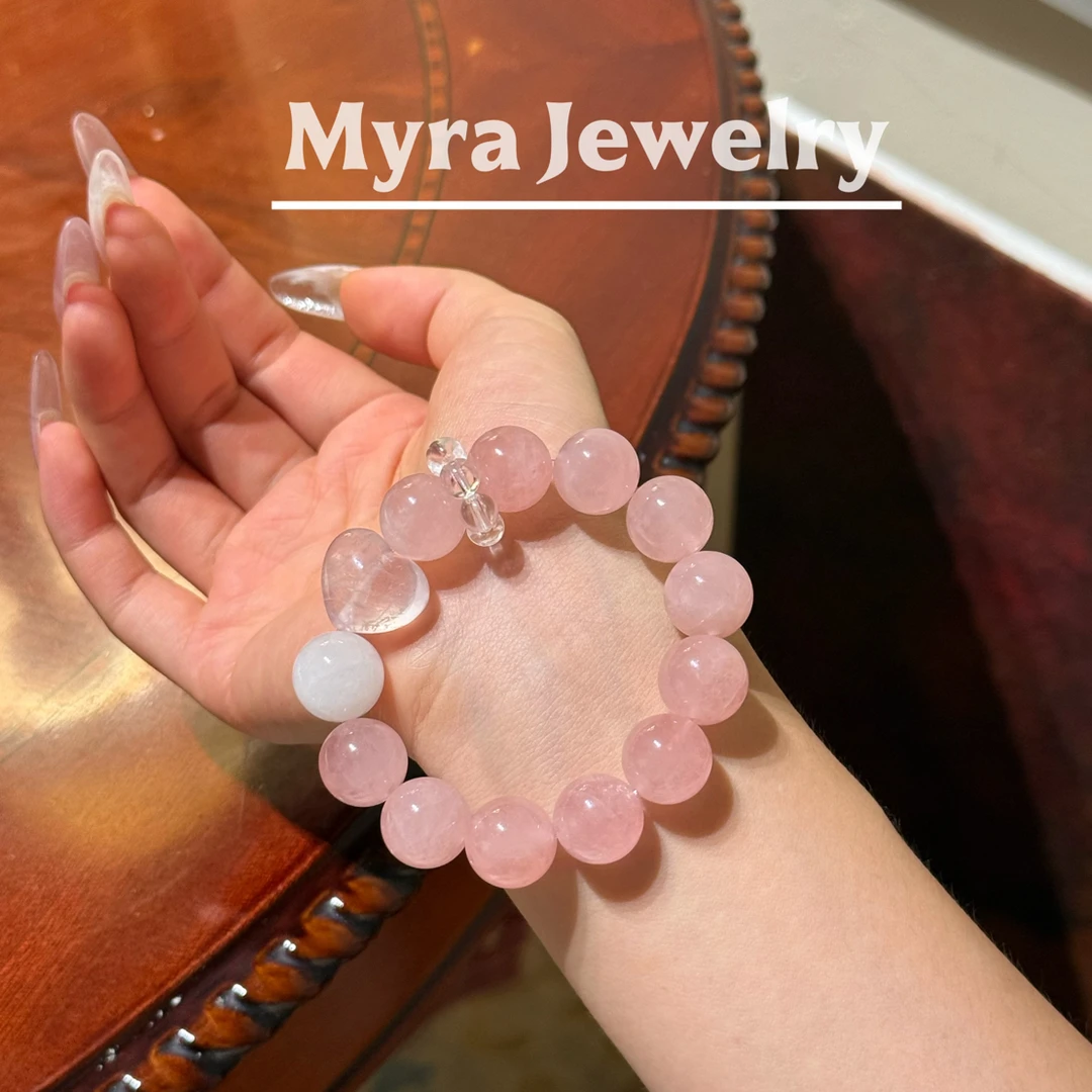 【虞美人】13mm西柚马粉润体白幽灵莫桑比克粉爱心天然水晶带证书