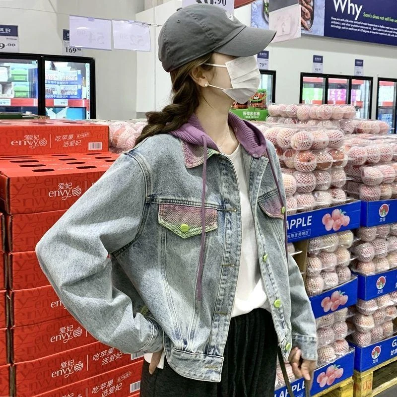 针织连帽牛仔外套女春季短款小个子2025新款独特超好看设计感上衣