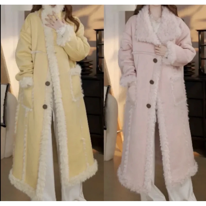 【樱花故事】柠檬黄皮毛一体外套女冬新款短款衣长毛毛外套双面穿