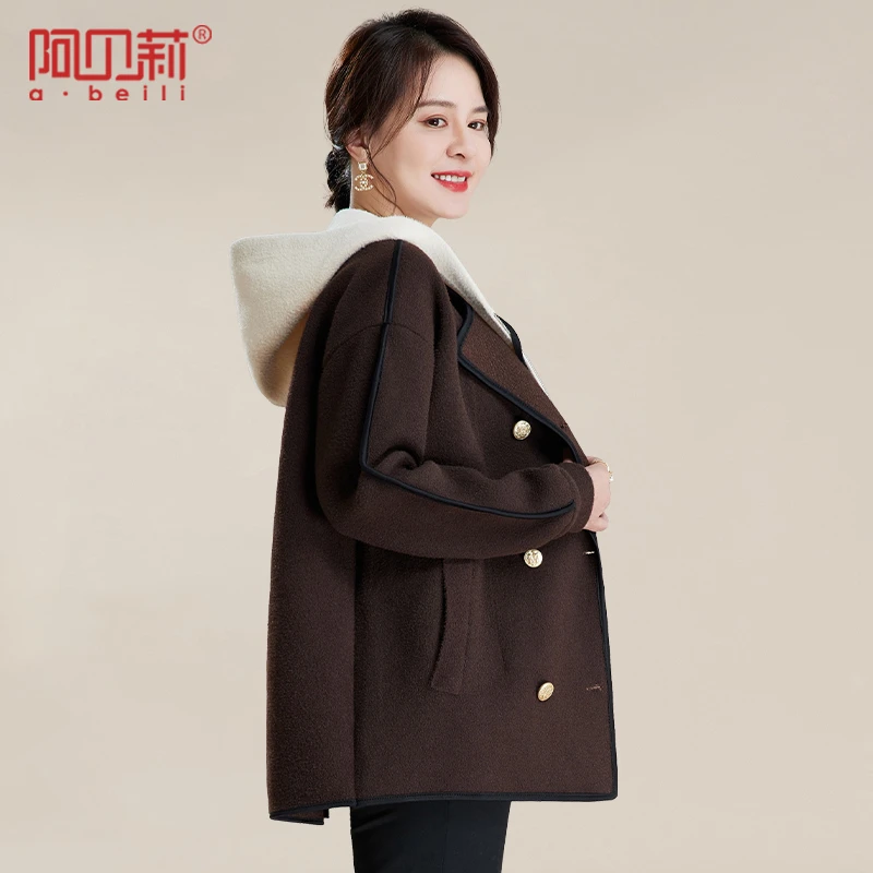 时尚妈妈秋装呢子外套2025新款中年女士毛呢连帽上衣秋冬洋气风衣