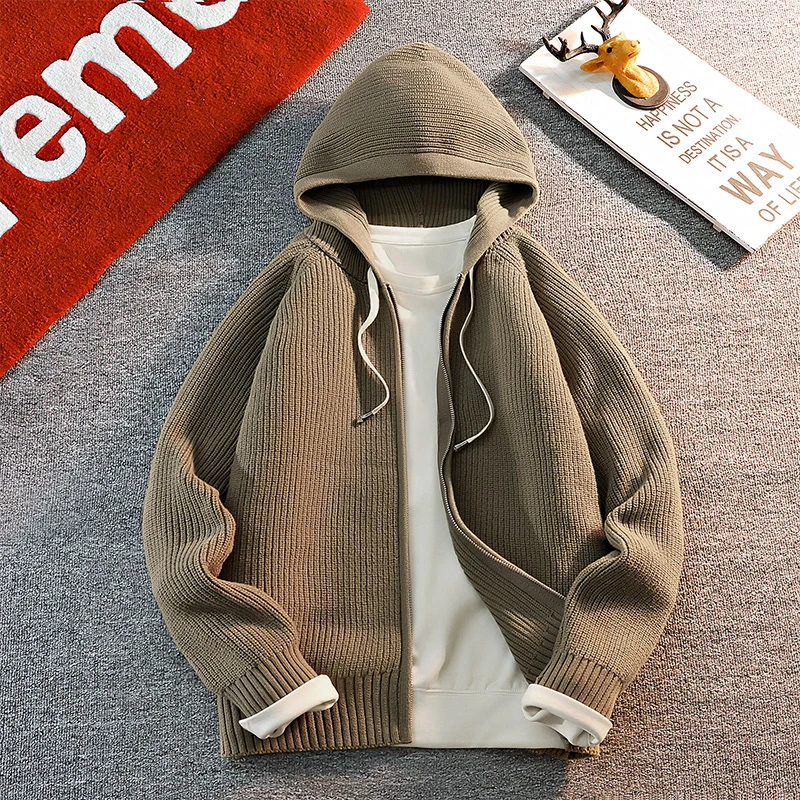 仓石一树卡其色开衫男秋冬潮牌简约插肩袖拉链毛衣痞帅慵懒风男装