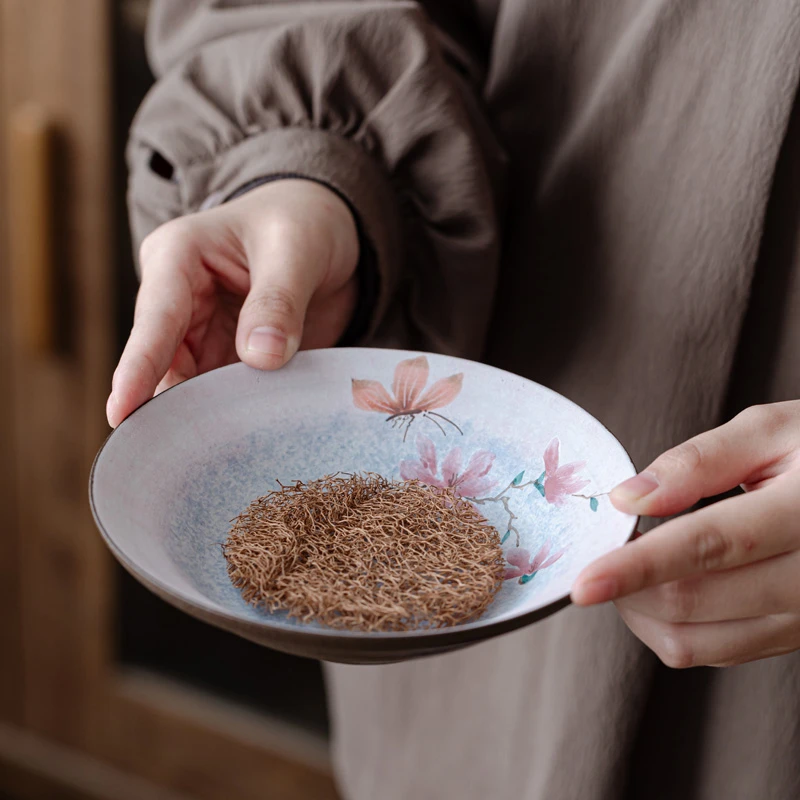 中式高档茶托盘手绘玉兰陶瓷壶承干泡台家用盖碗托茶点盘茶具配件