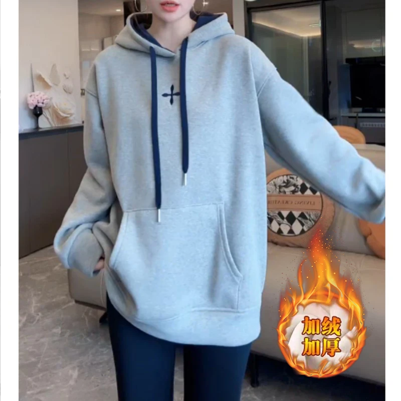 韩系复古慵懒风灰色连帽卫衣秋冬季加绒加厚休闲宽松百搭长袖上衣