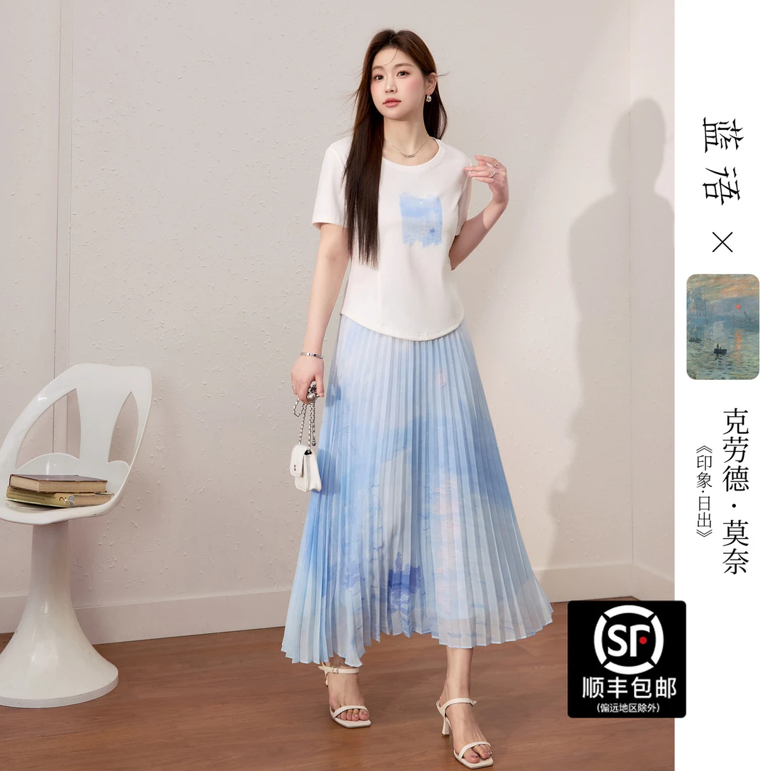 蓝语【莫奈联名】大码女装棉舒适T恤印花压褶半身裙夏季套装05920