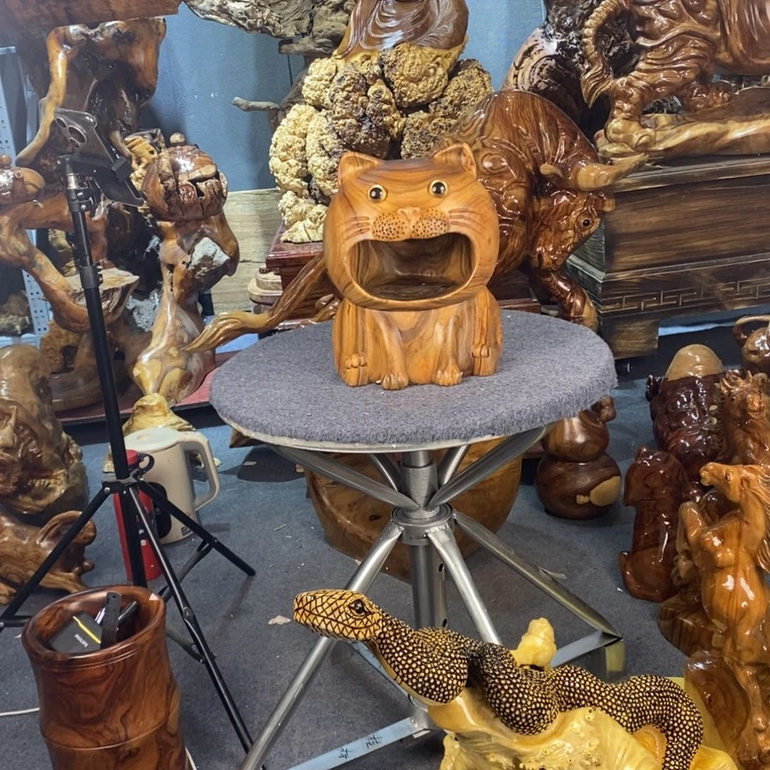 清***影木木雕摆件大嘴猫香樟木