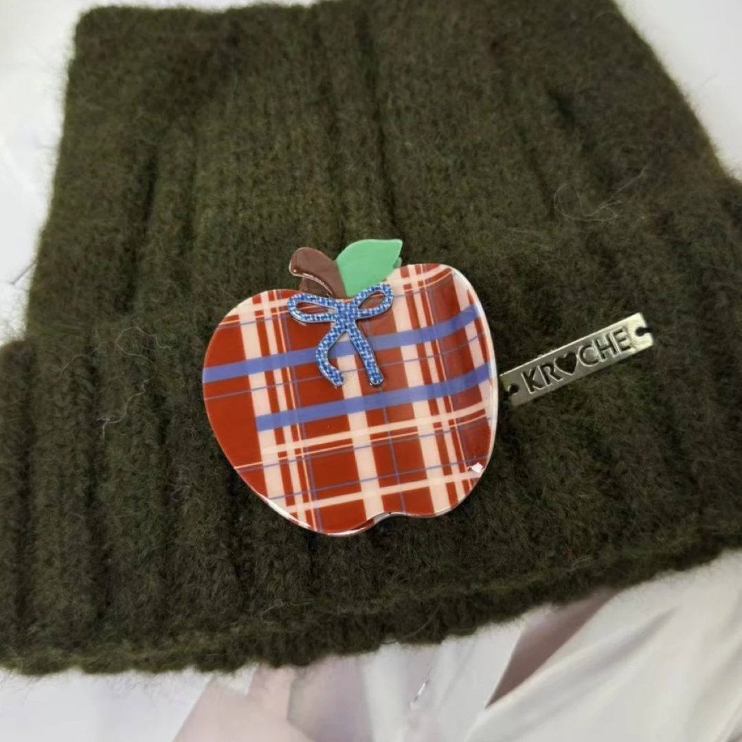 E100苹果造型红色格子蝴蝶结抓夹日韩原创设计女生发饰