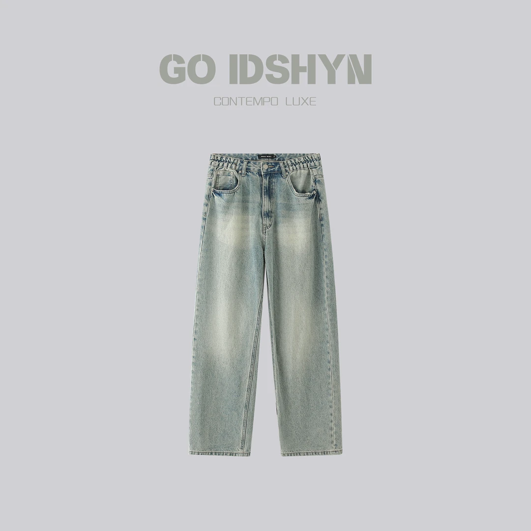 GO IDSHYN美式复古潮流长裤男春秋高街磨白做旧牛仔裤男士长裤子