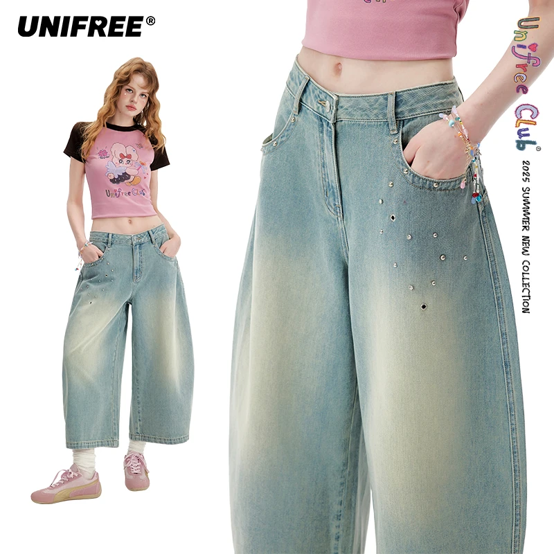 unifree【25年夏】美式复古七分裤女水直筒休闲宽松阔腿牛仔裤