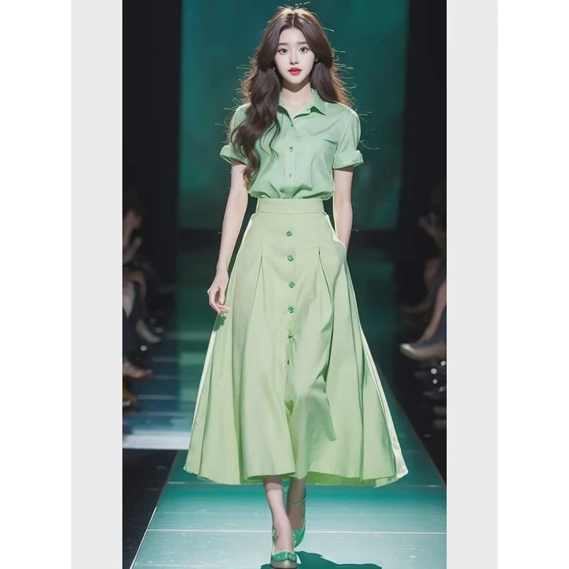 夏装搭配一整套韩系绿色衬衫套装女今年流行漂亮高腰中长半身裙子