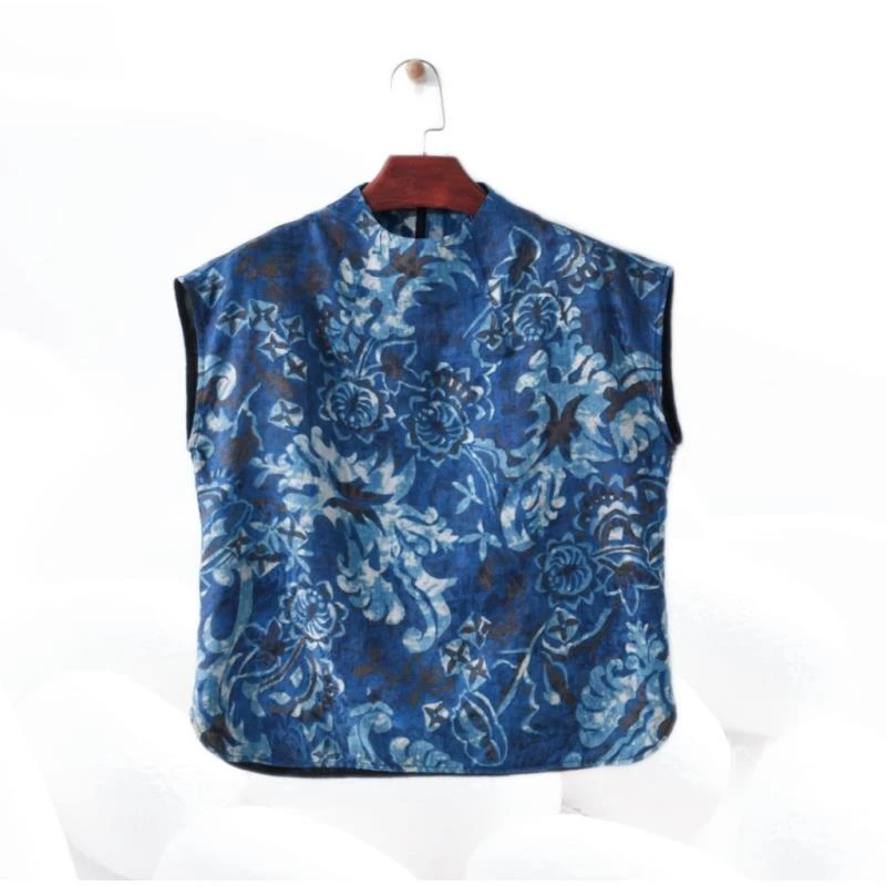 【青花瓷花瓣领飞机袖上衣】100%桑蚕丝香云纱短袖套头上衣dz205