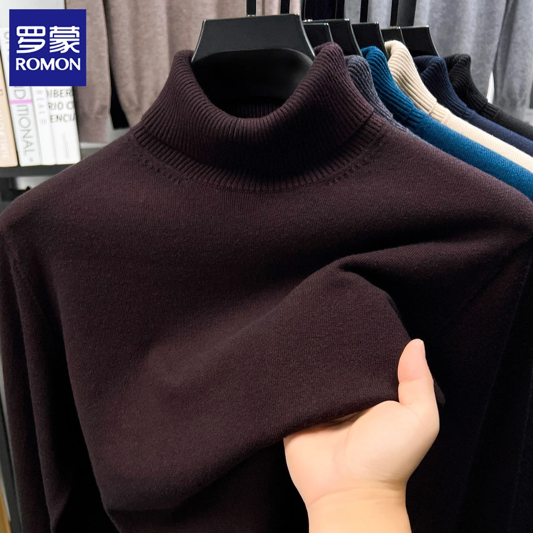 罗蒙男士可翻高领毛衣秋冬商务韩版纯色针织衫休闲时尚内搭打底衫