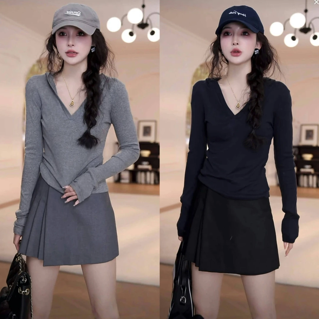休闲连帽V领长袖春夏新款时尚百搭T恤上衣+百搭裤裙套装两件套春
