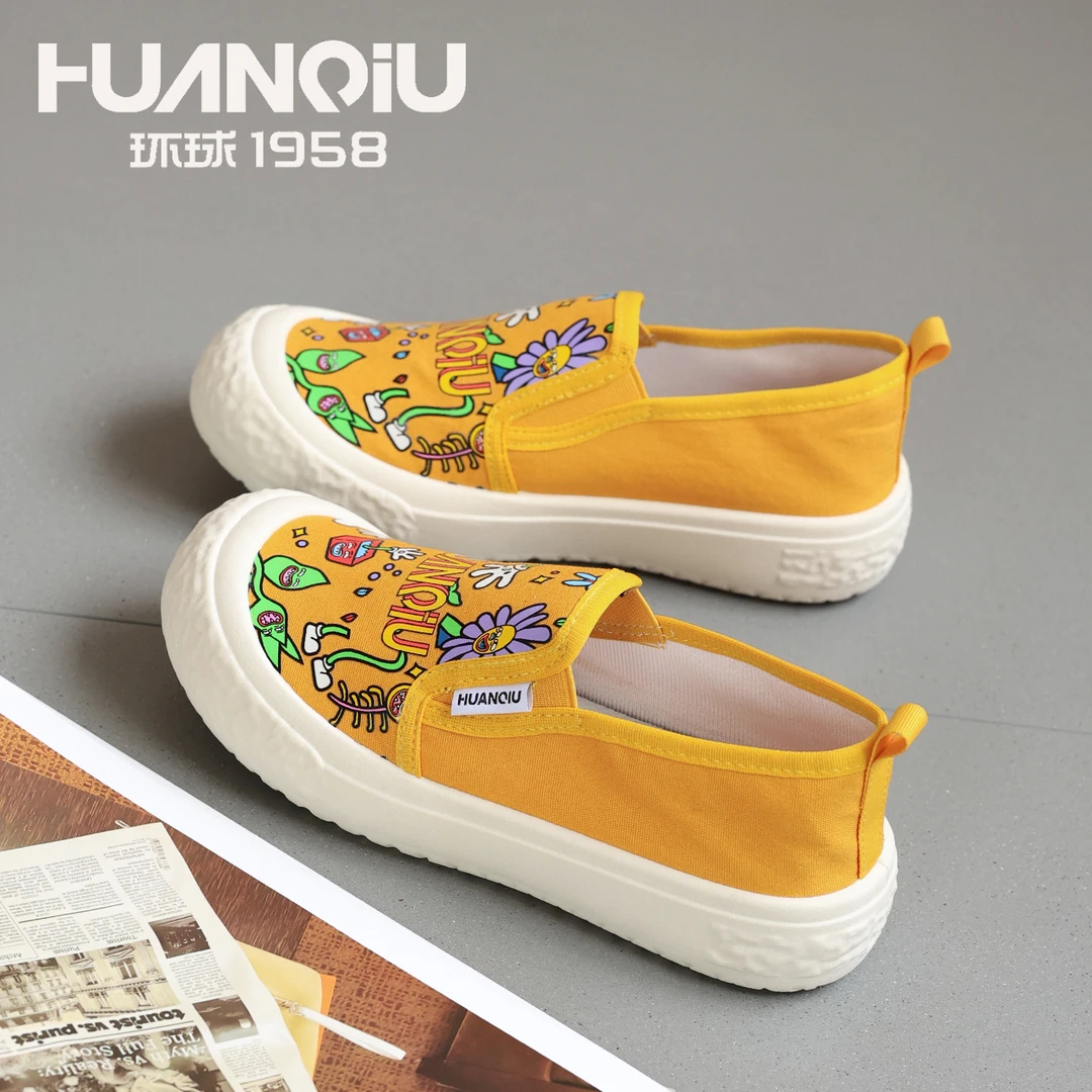 HUANQIU/环球新款夏季乐福鞋厚底懒人一脚蹬印花帆布鞋休闲帕拉鞋